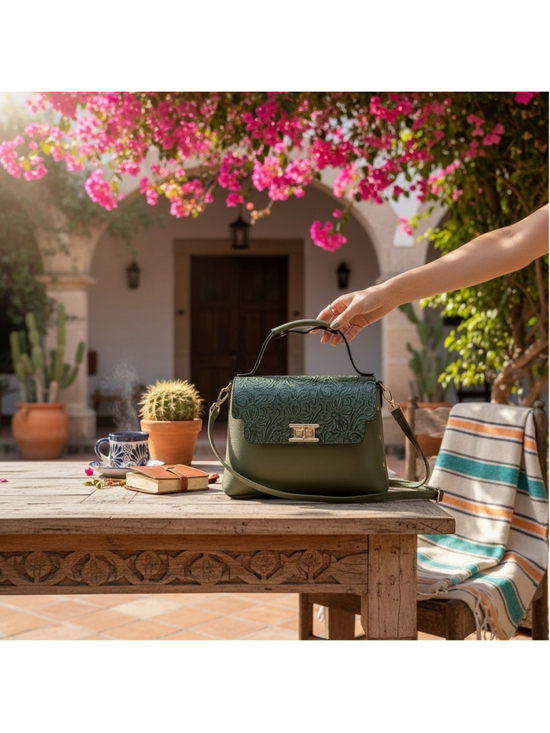 Handmade Handbags - Forest Green Floral Studded Embossed Artisan LEATHER Purse Handbag Crossbody Bag